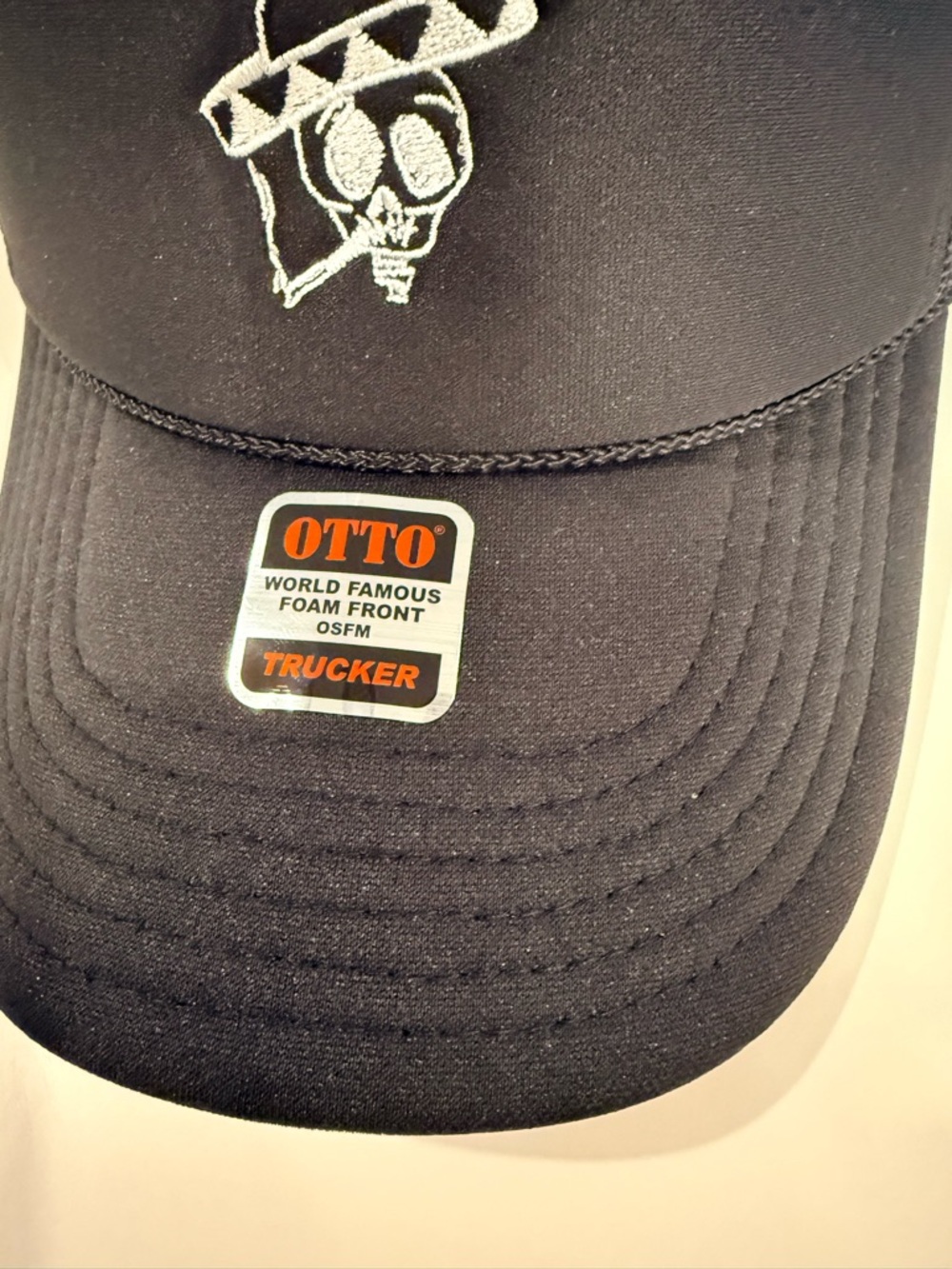 OTTO Black Trucker Hat with Embroidered Skull